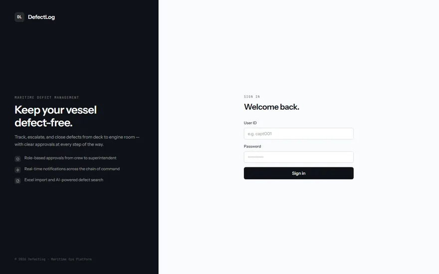 DefectLog, a maritime defect-tracking platform built by Leo Tech Labs